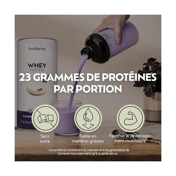 foodspring - Poudre de protéines whey Blueberry Cheesecake - Avec 23 g de protéines de croissance musculaire, solubilité parf