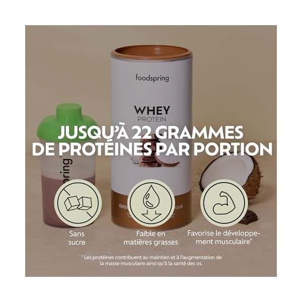 foodspring - Poudre de protéines whey Chocolat Coco - Avec 22 g de protéines de croissance musculaire, solubilité parfaite, u