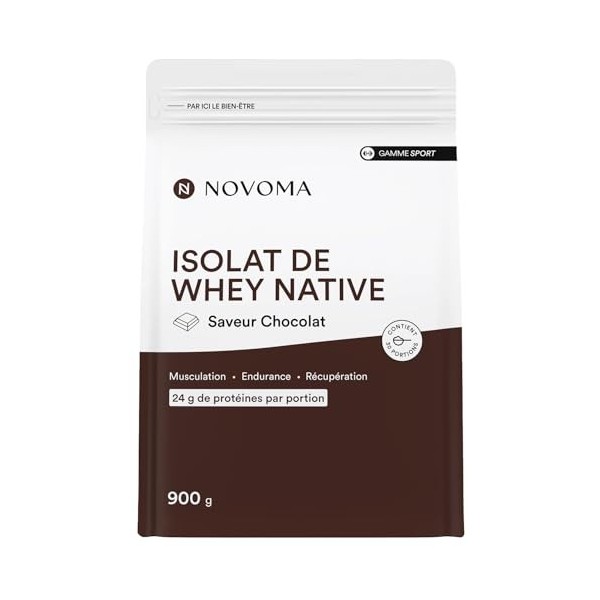 NOVOMA Whey Isolate Native, Protéine Pure Non Dénaturée, 24g de Protéines par Portion, Saveur Chocolat, Musculation et Récupé