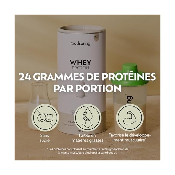 foodspring - Poudre de protéines whey neutre - Avec 24 g de protéines de croissance musculaire, solubilité parfaite, ultra-fi