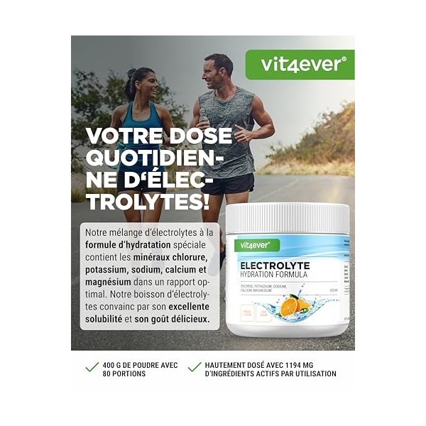 Electrolytes - 400 g 80 portions - Formule avec chlorure, potassium, sodium, calcium, magnésium - Parfait pour les sportifs