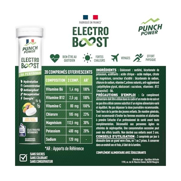 ELECTROLYTES HYDRATATION - Electrolyte Punch Power SANS SUCRE -Fabriqué en France- Vitamines, Minéraux, Magnesium - Pastille 