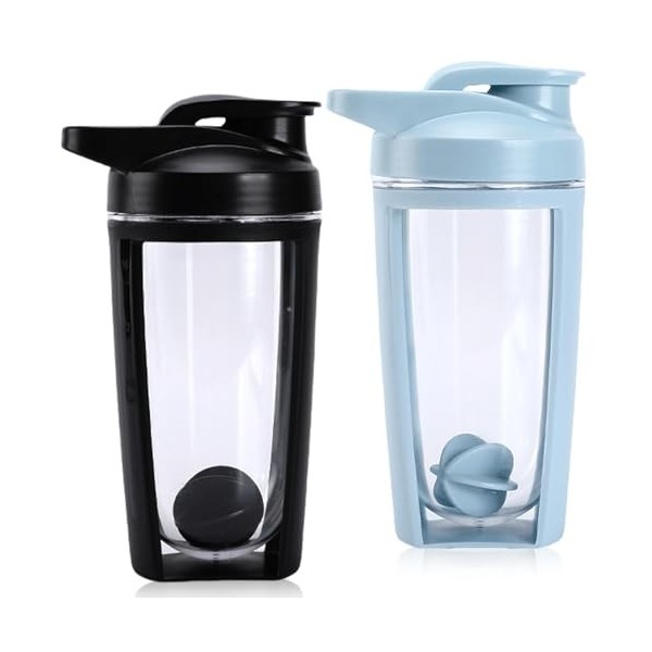 Lot de 2 shakers protéinés, 600 ml, shaker à protéines, double couche, shaker à protéines avec boule à shake, pour shakes et 