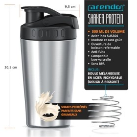 arendo Fitness Shaker à Protéines 500 ml en Acier Inoxydable, Sans BPA, Bouteille Shaker à protéines étanches, Protein shaker