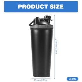 Shaker en acier inoxydable 750 ml, shaker protéiné noir, shaker à protéines avec tamis shaker, bouteille isotherme à double p