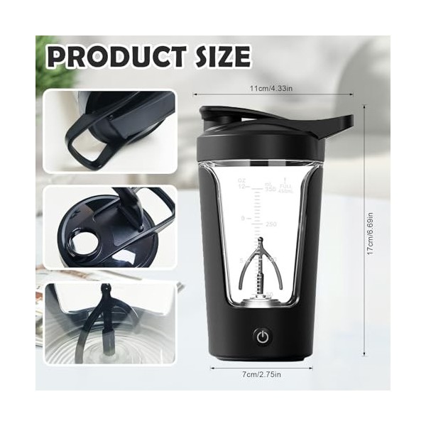 Shaker électrique,450ML USB Rechargeable Mixeur pour Shake de Protéines,Shaker pour Shake de Protéines et Lait,Shaker électri