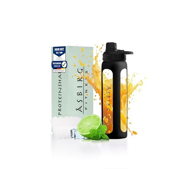 Asbirg Fitness 2.0 Shaker à protéines, en verre, avec boule en spirale, noir