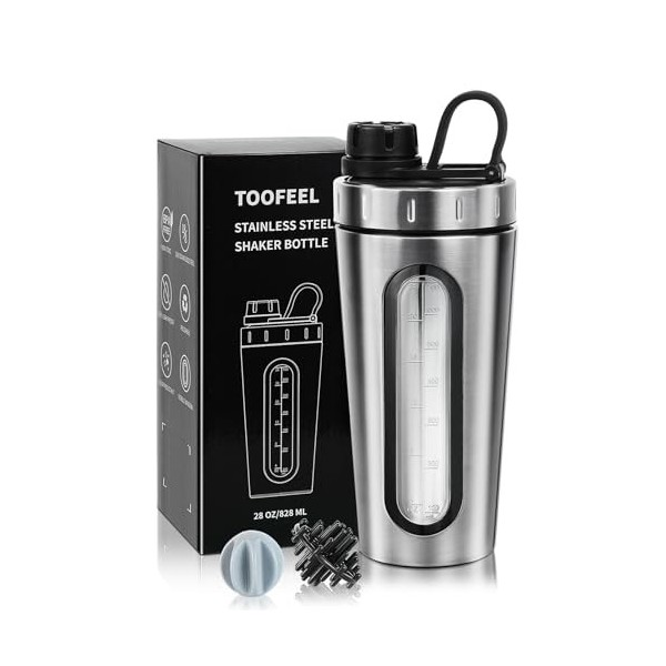TOOFEEL Bouteille shaker en acier inoxydable – Gobelet shaker en métal de 800 ml pour boissons protéinées, 2 boules fouet, ne...