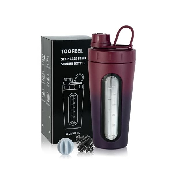 TOOFEEL Bouteille shaker en acier inoxydable – Gobelet shaker en métal de 800 ml pour boissons protéinées, 2 boules fouet, ne...