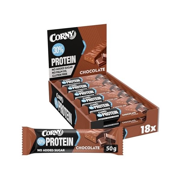 Corny Protein - Barres protéinées au chocolat, 30% protéines, 0% de sucres ajoutés, Pack de 18x50g, Taste the Power