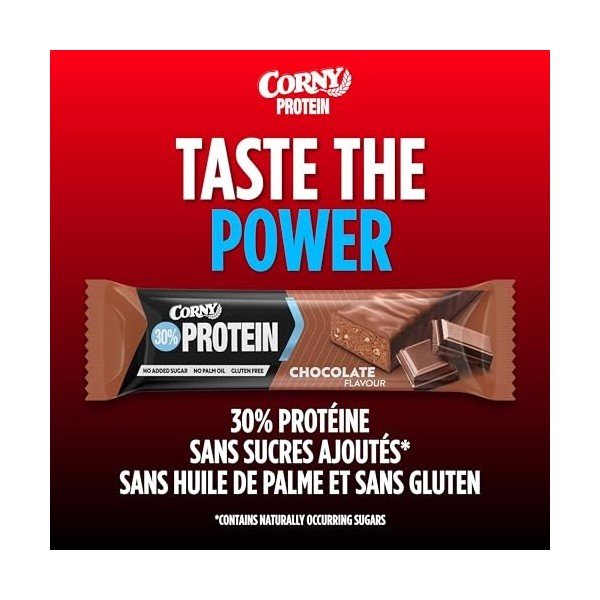 Corny Protein - Barres protéinées au chocolat, 30% protéines, 0% de sucres ajoutés, Pack de 18x50g, Taste the Power