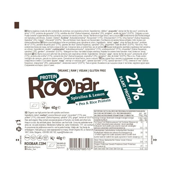 Roobar Barre Protéinée Spiruline & Citron - Bio & Vegan - 40g Lot de 2 