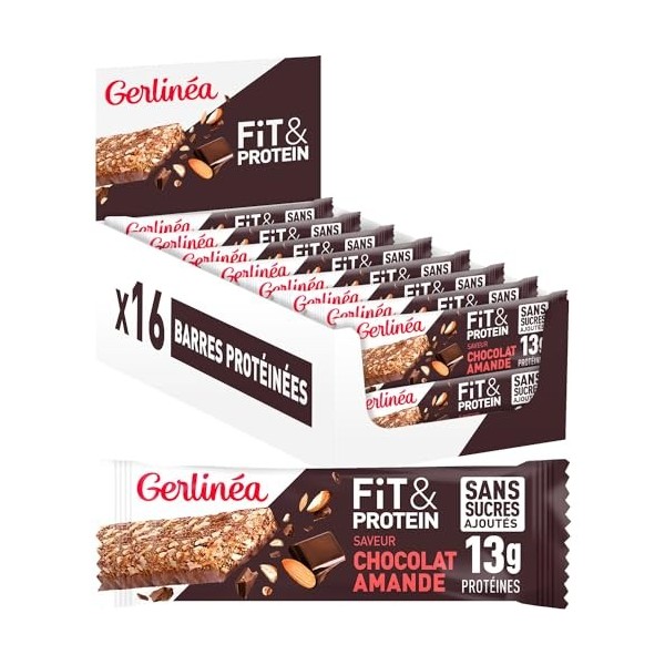 Gerlinéa Fit&Protein - Barres Protéinées saveur Caramel Amandes - Sans Sucres Ajoutés - 13 gr protéines par barre de 45g - Pr