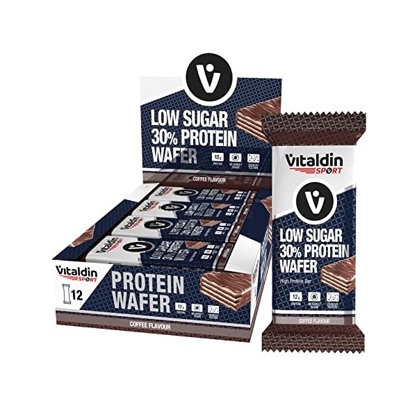 VITALDIN SPORT Low Sugar 30% Protein Wafer Coffee - 12 barres protéinées wafer x 40 gr . goût café - Barre hyperprotéinée et 