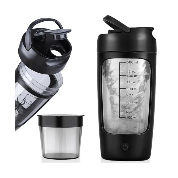 GOMETY Shaker électrique à protéines - Mixeur automatique avec compartiment à poudre - 650 ml - Rechargeable par USB - Shaker