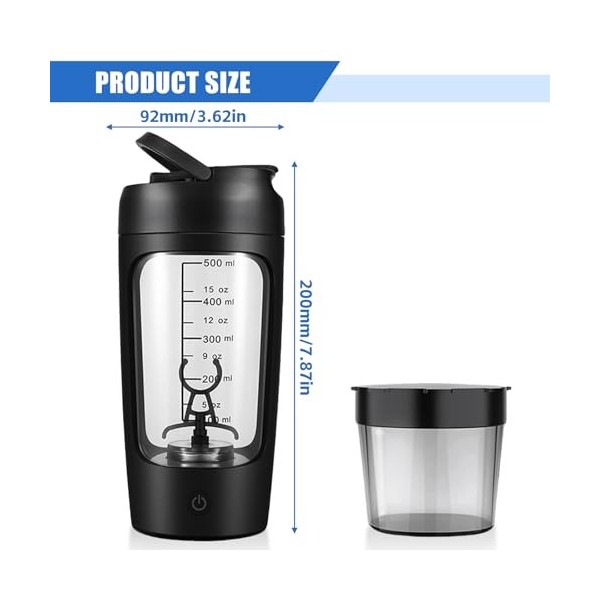 GOMETY Shaker électrique à protéines - Mixeur automatique avec compartiment à poudre - 650 ml - Rechargeable par USB - Shaker