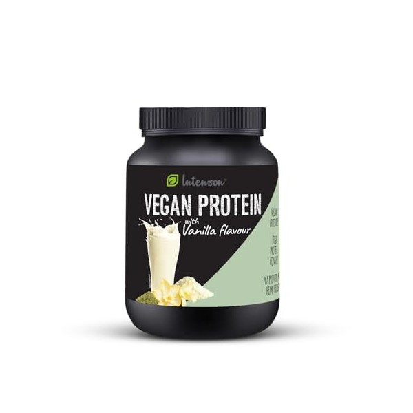 Intenson Poudre de protéine végane saveur : vanille [600 g], Poudre de protéine végétale pois et chanvre