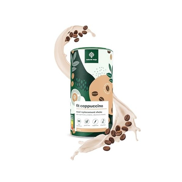 Natural Mojo Fit Cappuccino Shake - Substitut de repas végétarien avec nutriments précieux, protéines et superaliments - Pour