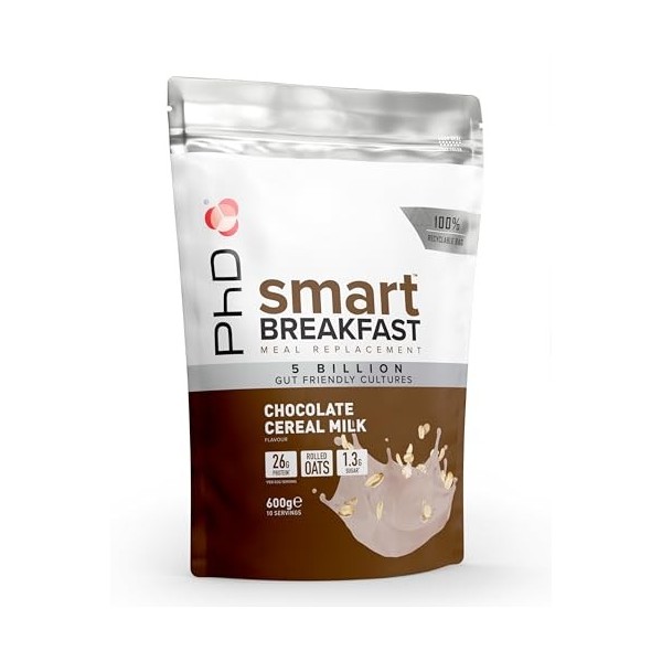 PhD Smart Breakfast| Shake proteiné substitut de repas| Faible en sucre avec extra Vitamines et Mineraux - Céréales - 600 g