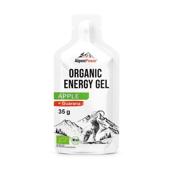 AlpenPower Gel énergétique Bio Pomme 12x 35g - Ingrédients 100% naturels - Avec de la caféine issue du guarana - Énergie rapi