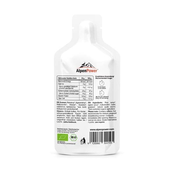 AlpenPower Gel énergétique Bio Pomme 12x 35g - Ingrédients 100% naturels - Avec de la caféine issue du guarana - Énergie rapi