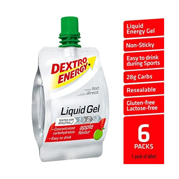 Dextro Energy Lot de 6 flacons de gel liquide – Pomme, Apple, 6 x 60 ml – Gel énergétique, gel de sport pour les athlètes de