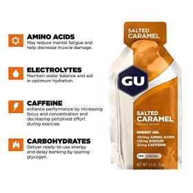 GU ENERGY GEL - Caramel Salé - Boîte de 24 gels - Gel énergétique - Sodium - BCAA - Idéal pendant leffort 100Kcal