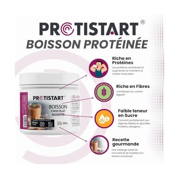 Lot de 3 - Boisson protéinée Chocolat Noisette PROTISTART - Pot 300g - 36 portions