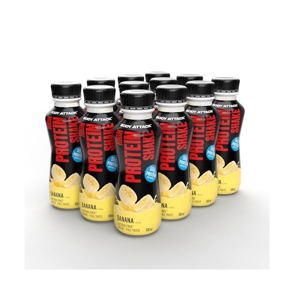 Body Attack High Protein Shake Banane, 12 x 500 ml consigne inclus – Fabriqué en Allemagne – 50 g de protéines – Shake prot