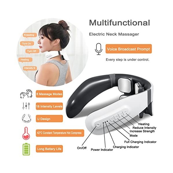 Masseur de cou électrique avec chaleur, 6 modes, 18 niveaux, masseur intelligent pour les douleurs cervicales, masseur de cou