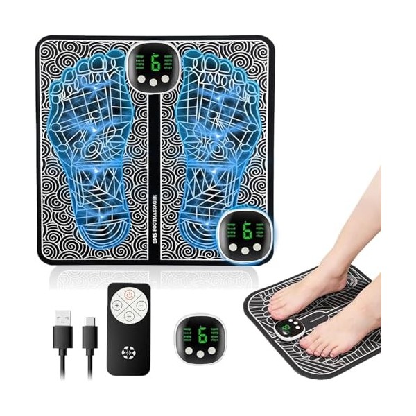 EMS Massage des Pieds, Masseur de Pieds électrique Pliable et Portable avec 8 Modes et 19 Intensités pour la Circulation Sang