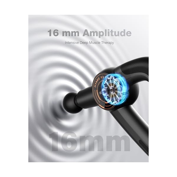 HYAKO R3 Pro Pistolet de massage 3 en 1 Amplitude 16 mm + Appareil de massage vibratoire à haute fréquence – Pistolet de mass
