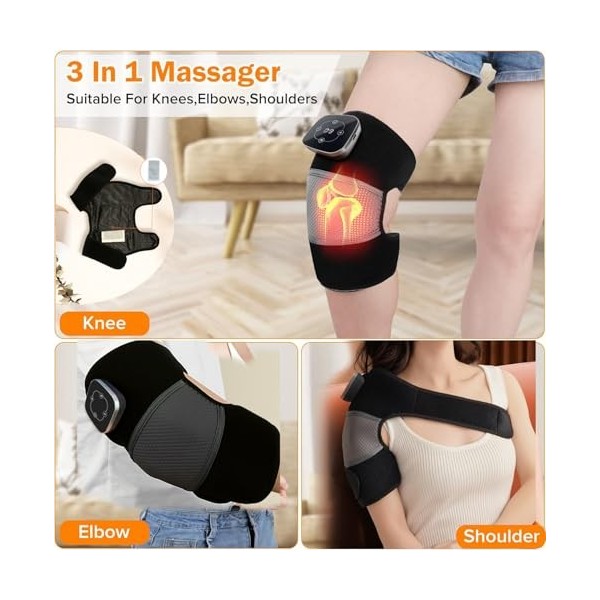 Masseur de Genou Sans Fil, 3 en 1 Appareil de Massage des Genoux avec 5 Niveaux de Lumière Rouge Compresse de Chaleur 3 Nivea