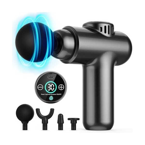 Lefity Mini pistolet de massage, pistolet de massage pour tissus profonds, portable, 30 vitesses, écran tactile LCD, pistolet
