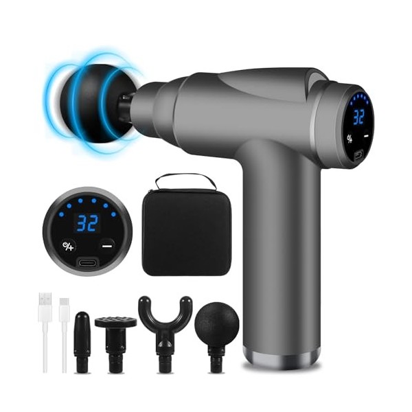 BUOAZR Pistolet de Massage Musculaire, Mini Massage Gun avec 32 Niveaux Réglables 3500 RPM et 4 Têtes de Massage et lÉcran L