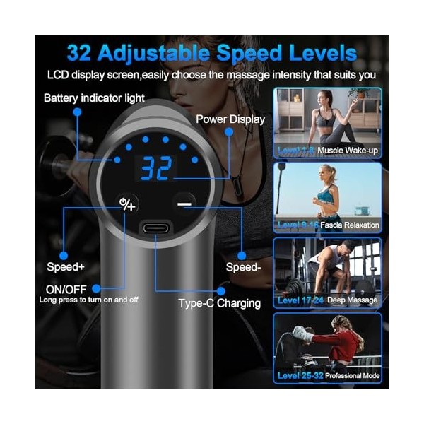 BUOAZR Pistolet de Massage Musculaire, Mini Massage Gun avec 32 Niveaux Réglables 3500 RPM et 4 Têtes de Massage et lÉcran L