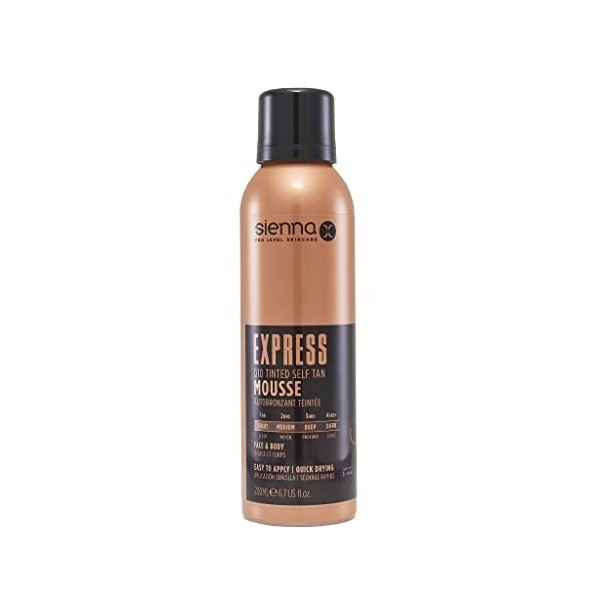 Sienna X Mousse Autobronzante Express Q10 200 ml. Formule à séchage rapide enrichie en vitamine E. Faux bronzage pour le visa
