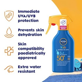 NIVEA SUN Kids Protect & Care Spray déclencheur SPF 50+ 270 ml , résistant à leau, crème solaire pour enfants offrant une p