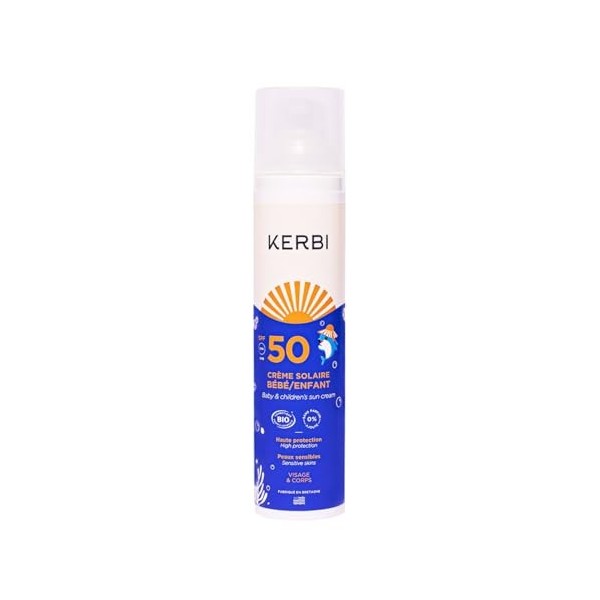 Crème solaire bio, SPF 50+, 99% naturelle, sans parfum, 100 ml, bébé, enfant, Kerbi, minéral