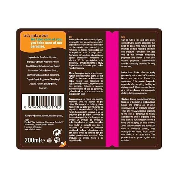 Tabaiba Sun Aloe Vera Lot de 2 sprays dhuile solaire