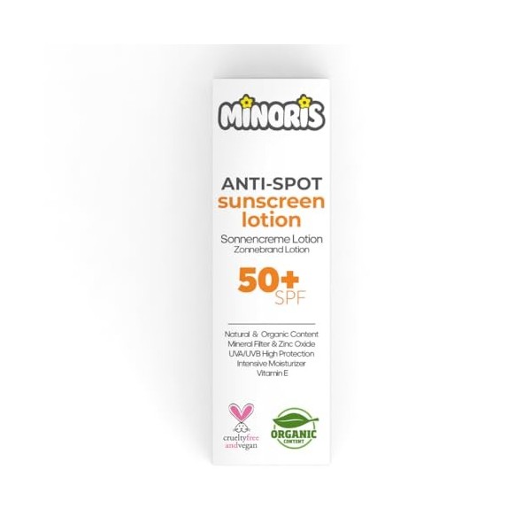 Minoris Lotion solaire anti-taches SPF 50+ | Protection biologique, naturelle et minérale | Peaux sensibles | Hypoallergéniqu