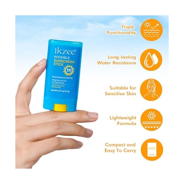 Stick Solaire Invisible Spf 50 +, Stick Solaire Solide, Crème Solaire Hydratante À Large Spectre 13G, Stick Solaire Imperméab