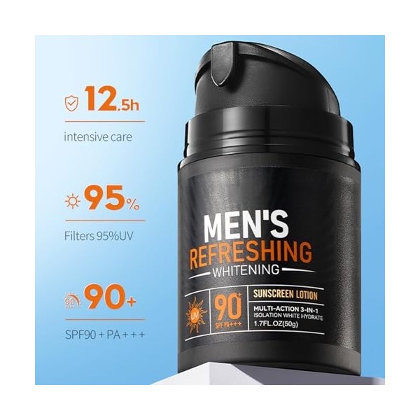 Crème Solaire pour Hommes, Solaire Bio SPF 90+, Crème Solaire Visage et Corps, Protection Solaire à la Formule Légère et Non 