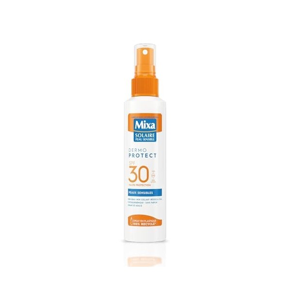 Mixa Solaire Peaux Sensibles - Spray Soin Solaire Haute Protection SPF 30+ UVA, UVA longs, UVB - Visage et Corps - Adultes et