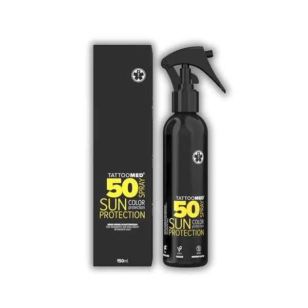 Tattoomed Sun Protection SPF 50 Spray – Protection solaire puissante spécialement conçu pour les peaux tatouées – Flacon vapo