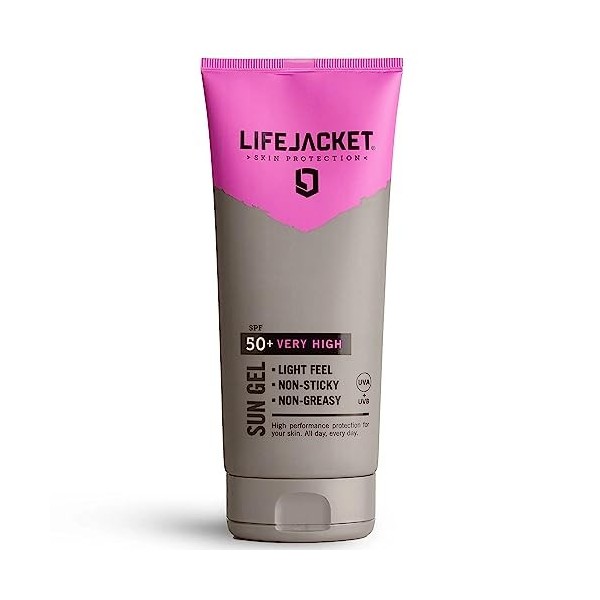 LIFEJACKET Gel de Protection Solaire SPF 50 UVA, UVA 5* Visage + Corps. Léger, non gras, résistant à leau, sans cruauté enve