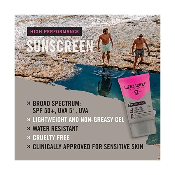 LIFEJACKET Gel de Protection Solaire SPF 50 UVA, UVA 5* Visage + Corps. Léger, non gras, résistant à leau, sans cruauté enve
