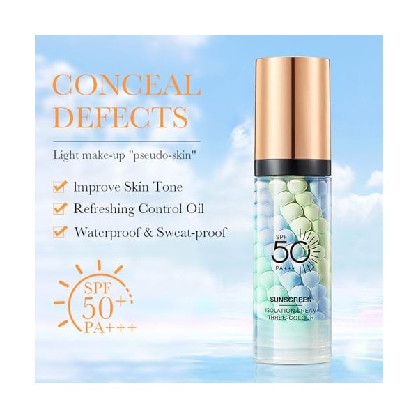Crème Solaire, 3 Couleurs Solaire Bio SPF 50+, Sunscreen, Isolation et Dissimulation, Crème Solaire Visage, Protection Solair