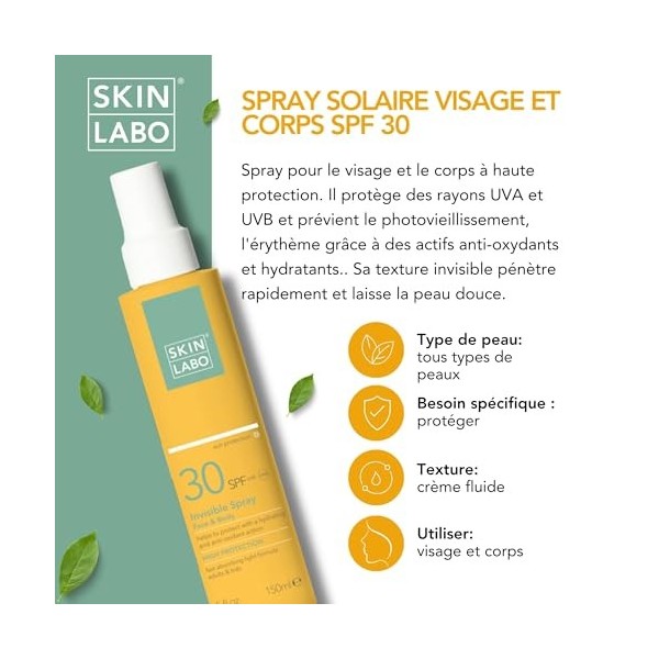 Spray Solaire Visage et Corps SPF 30, Protège contre les rayons UVA et UVB, Prévient le Photovieillissement et lErythème, Ac