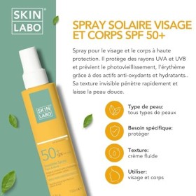 Spray Solaire Visage et Corps SPF 50+, Protège contre les rayons UVA et UVB, Prévient le Photovieillissement et lErythème, A